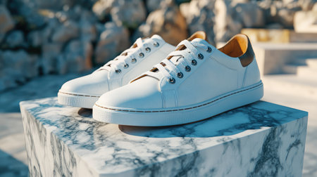 Trendy sneakers placed on a marble pedestal, soft shadows, sleek urban fashion concept.の素材