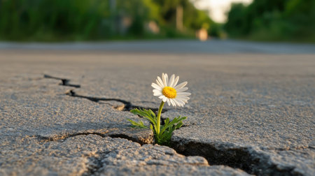 A lone daisy growing in a cement crack, a strong representation of the importance of protecting nature.の素材