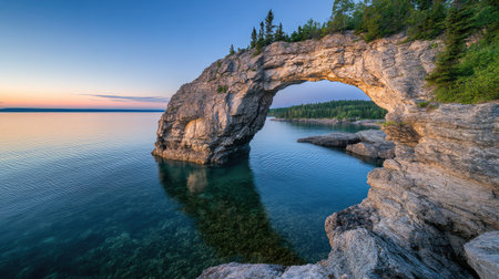 Ethereal rock arch at the water edge, golden light trails mirroring its elegant curves, deep blue hour sky blending into infinityの素材