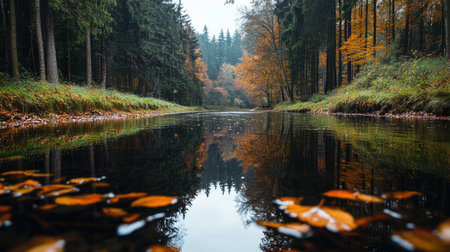 A peaceful river flowing through a dense forest, with colorful autumn leaves reflecting in the water.の素材