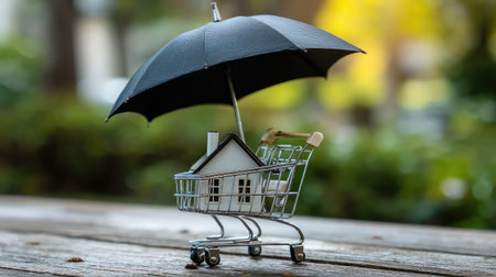 A charming scene depicts a miniature house under a black umbrella in a shopping cart, symbolizing protection and security in real estate investments. Ideal for finance themes.の素材