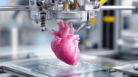 The image depicts a cutting-edge 3D printer producing a pink human heart model, symbolizing advancements in medical technology and research in a laboratory setting.の素材