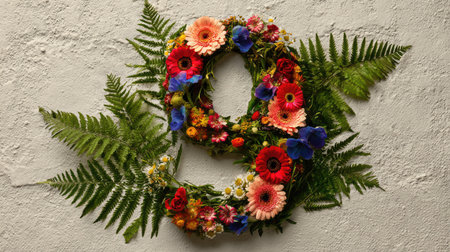 A stunning floral arrangement showcasing the number nine, crafted from a variety of colorful flowers and lush greenery, ideal for celebrations or decorative purposes.の素材