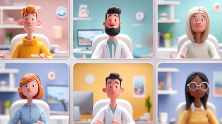 A vibrant depiction of a diverse group of cartoon characters engaging in a video conference, symbolizing collaboration and communication in a modern workspace setting.の素材