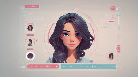 A digital representation of a female character with flowing dark hair and vibrant blue eyes, set against a high-tech interface showcasing a futuristic design.の素材