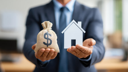 A suited businessman holds a burlap money bag and a house icon, symbolizing financial investment in real estate and the housing market within a sleek office environment.の素材