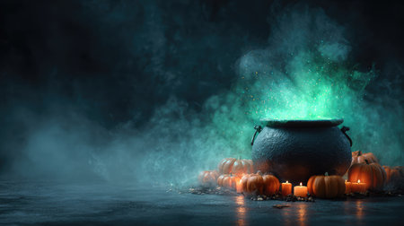 A mystical cauldron emits a glowing green potion amid a foggy atmosphere, surrounded by pumpkins and flickering candles, capturing the essence of Halloween magic.の素材
