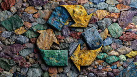 A vibrant and artistic representation of a recycle symbol made from colorful stones, reflecting an eco-friendly approach to sustainability and environmental responsibility.の素材