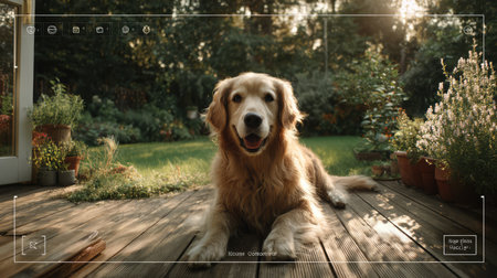 A joyful golden retriever rests comfortably on a wooden deck, basking in the warm sunlight amidst a beautiful garden, perfectly embodying the essence of relaxation and happiness.の素材