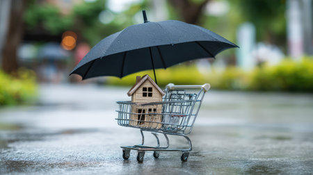 A shopping cart features a wooden house model sheltered under a black umbrella, highlighting finance and real estate protection during weather challenges.の素材