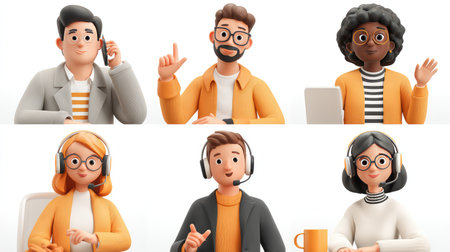 A vibrant illustration showcasing diverse characters in casual attire with headsets, symbolizing modern communication, teamwork, and online support in a workplace environment.の素材
