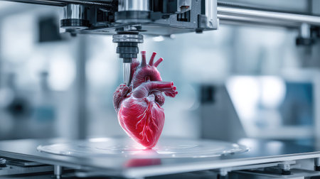 A striking display of advanced 3D bioprinting technology illustrating the creation of a heart model, showcasing the intersection of science and innovation in a sleek laboratory environment.の素材