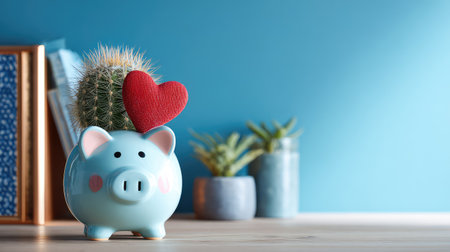 A charming piggy bank with a cactus and a red heart, ideal for representing love and savings in a stylish home or office setting, perfect for financial-themed decor.の素材