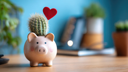 A charming piggy bank doubles as a planter, showcasing a cactus with a heart decoration. Ideal for adding whimsy to any workspace or home environment.の素材