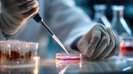 A laboratory technician carefully uses a pipette to transfer vibrant liquid into a petri dish, demonstrating precision in a modern research environment focused on scientific study.の素材