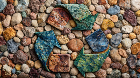 A unique arrangement of colorful stones forms a recycle symbol, highlighting themes of sustainability and environmental consciousness in a visually impactful design.の素材