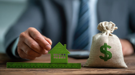 A businessman assesses property investment with a green house icon next to a money bag, symbolizing financial growth and strategic planning in real estate.の素材
