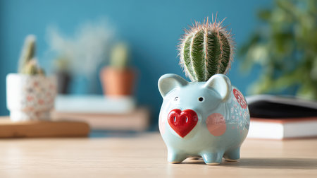 A charming piggy bank features a heart-shaped design, topped with a vibrant cactus, making it a delightful centerpiece for creative home decor or a thoughtful gift.の素材