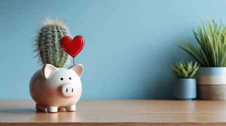 A delightful piggy bank styled as a planter with a cactus and heart decoration, capturing a fusion of savings and love in a cozy home environment. Perfect for gifts.の素材