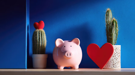 A charming arrangement featuring a pink piggy bank, heart shape, and cactus plants set against a bright blue wall, creating a vibrant and playful atmosphere for home decor enthusiasts.の素材