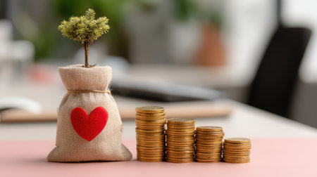 This image features a charming money sack adorned with a heart, alongside a stack of coins, symbolizing financial growth and nurturing investment in an inviting office atmosphere.の素材