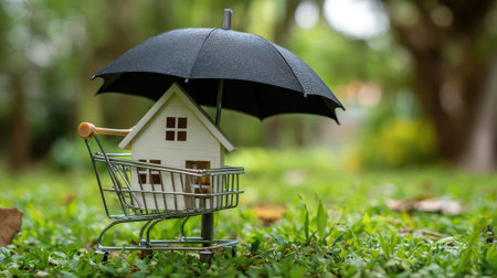 A creative representation of home investment featuring a small house safeguarded by an umbrella, placed in a shopping cart on vibrant grass, symbolizing financial protection.の素材