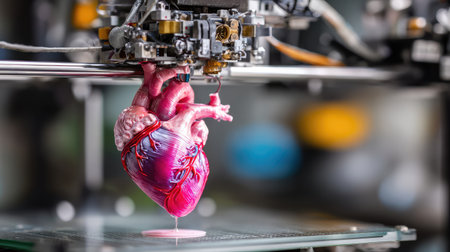 A striking depiction of a heart model being 3D printed, showcasing modern technology in a laboratory setting, highlighting innovation in medical design and engineering.の素材