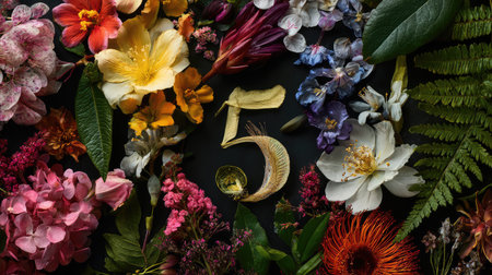Beautifully arranged assortment of colorful flowers and leaves forming the number 5, ideal for celebrations, decorations, and floral artistry on a dark backdrop.の素材