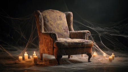 A vintage armchair set in a mysterious environment surrounded by flickering candles and delicate cobwebs, evoking a distinct eerie feeling perfect for themed photography.の素材