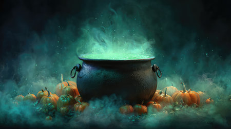 A mysterious cauldron exudes green smoke, surrounded by vibrant pumpkins, creating an enchanting atmosphere perfect for Halloween-themed designs and settings.の素材