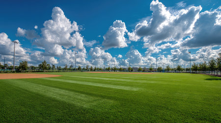 A stunning view of a green baseball field under a bright blue sky filled with fluffy white clouds, ideal for sports and outdoor activities, offering a beautiful recreational space.の素材