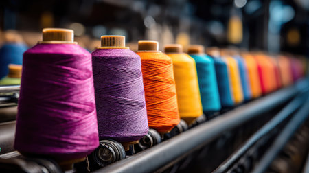 A stunning array of colorful spools of thread lined up on a sewing machine showcases vibrant hues, perfect for sewing, crafting, and textile projects in a workshop environment.の素材