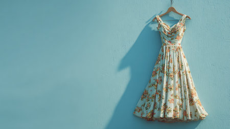 A stunning floral dress elegantly hangs on a blue wall, capturing the essence of vintage fashion. Ideal for showcasing style and beauty in photography projects.の素材