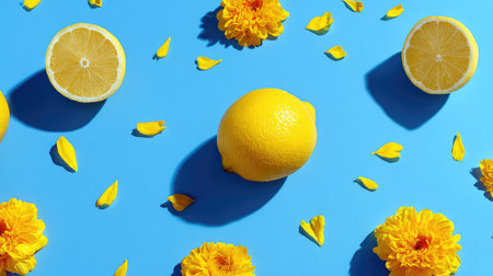 A stunning arrangement featuring a fresh lemon and bright yellow flowers on a vibrant blue background, ideal for spring or summer themes in design and decoration projects.の素材