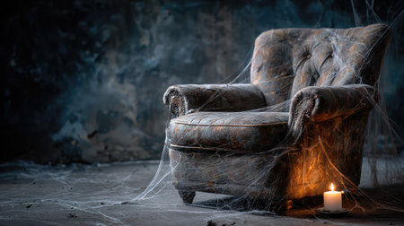 An abandoned armchair shrouded in cobwebs creates an eerie atmosphere, with a flickering candle adding a warm glow amidst the shadows in a dim room.の素材