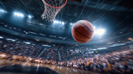 A dynamic moment in basketball captured during a game, showcasing the sphere in mid-air toward the hoop with a vibrant crowd and bright arena lights in the background.の素材
