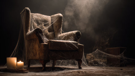 An abandoned armchair enveloped in cobwebs and dust, sits quietly in a dark space, illuminated by flickering candles that create a haunting yet nostalgic mood.の素材