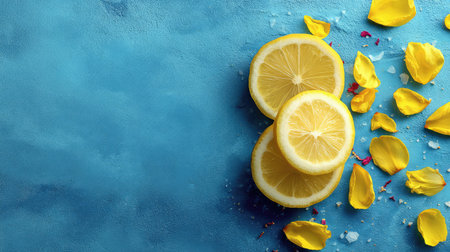 Bright lemon slices arranged with vibrant petals create a fresh and lively scene. Ideal for culinary, wellness, and decorative uses, this composition exudes vibrancy.の素材