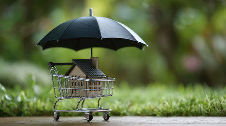A creative representation of a miniature house in a shopping cart sheltered by an umbrella, illustrating themes of investment and protection in real estate amidst a vibrant garden.の素材
