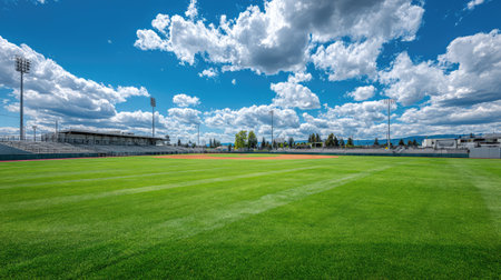 A picturesque baseball field showcases vibrant green grass and a dramatic sky filled with fluffy clouds, perfect for team events and community gatherings under the sun.の素材
