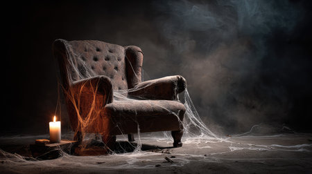An evocative scene featuring an abandoned vintage armchair draped in cobwebs, accompanied by a flickering candle, creating a hauntingly beautiful atmosphere for Halloween.の素材