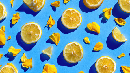 A lively and artistic composition featuring lemon slices and yellow flower petals scattered on a bright blue background, perfect for food, lifestyle, and wellness themes.の素材