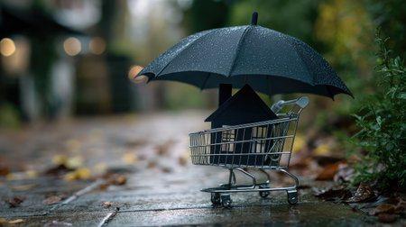 A miniature house under a black umbrella, resting in a shopping cart on a rain-soaked path in autumn. This image captures the essence of home and protection in a tranquil setting.の素材