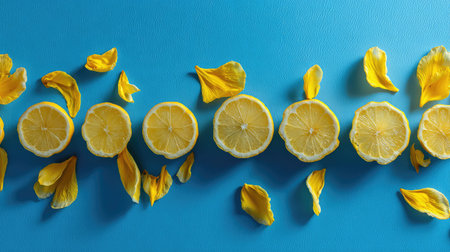 A stunning composition featuring fresh lemon slices adorned with yellow petals, set against a bright blue background, perfect for designs that evoke freshness and summer vibes.の素材