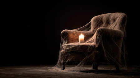 An abandoned armchair covered in cobwebs with a flickering candle on it, set in a dark room, evokes a haunting atmosphere perfect for spooky themes and creative projects.の素材