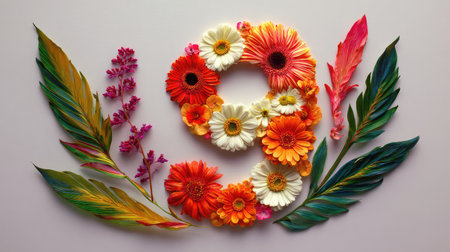 This artistic arrangement features a vibrant number nine created from colorful flowers, evoking a fresh and joyful atmosphere perfect for decor and creative expression.の素材