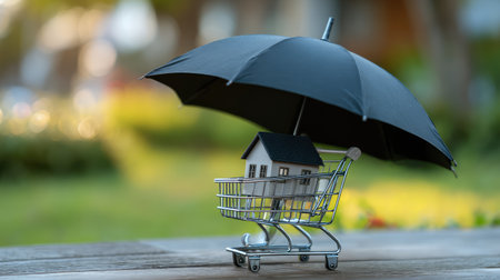 This image depicts a miniature house placed in a shopping cart, sheltered by a black umbrella, symbolizing the concept of protection in property investment against a blurred green background.の素材
