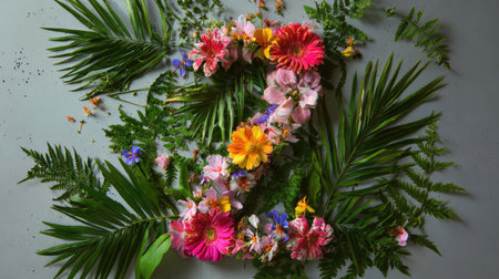 Beautiful arrangement of colorful flowers and green leaves forming the number two, ideal for celebrating special occasions and showcasing nature's beauty in designs.の素材