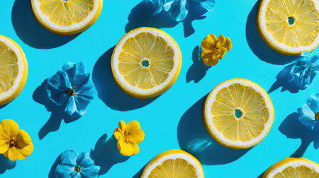 A vibrant flatlay composition featuring fresh lemon slices and delicate flowers against a bright blue background, evoking summer and a sense of freshness in food and lifestyle settings.の素材