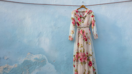 A beautiful floral dress elegantly hanging against a soft blue wall, capturing the essence of summer fashion and vintage charm in a serene outdoor setting.の素材